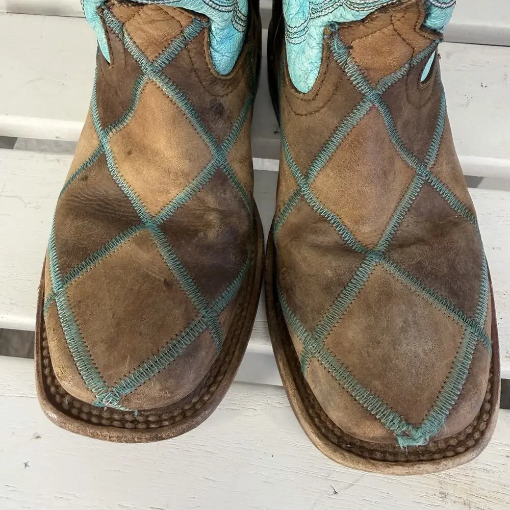 HP Western Boots Girls Size 1 Blue Brown Leather Embroidered Cowboy